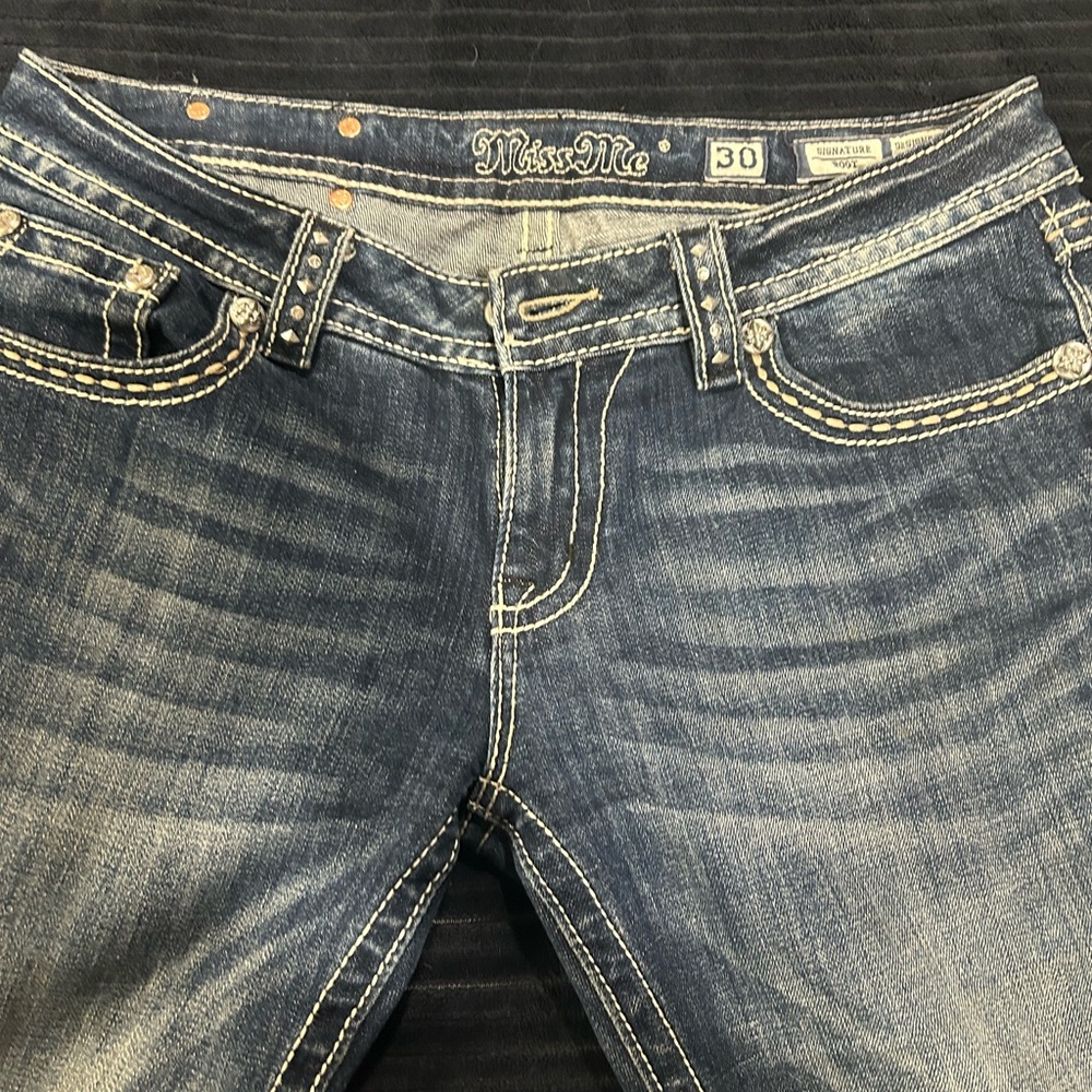 Miss Me Dark Blue Boot Cut Jeans with Contrast Stitching